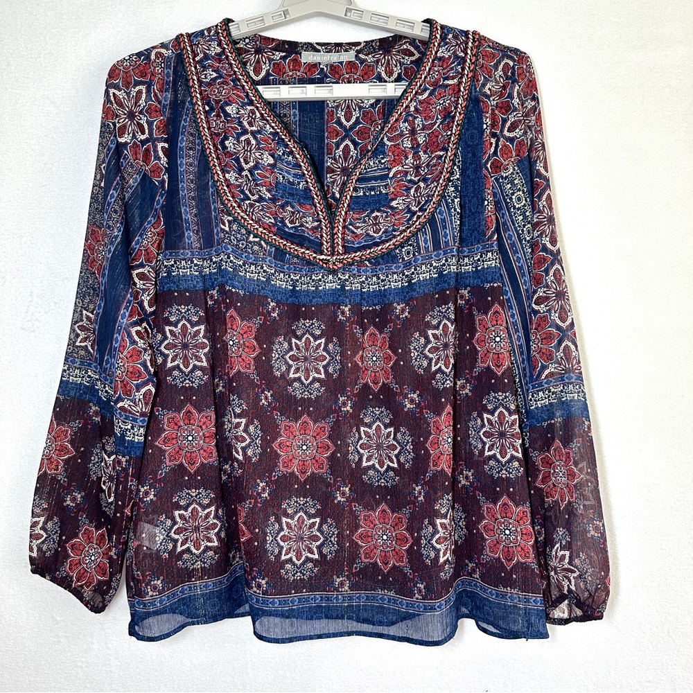 Daniel Rainn Sheer Boho Blouse XL Shimmery Rope Trim Flowy Long Sleeve Top